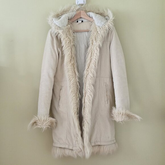 Women's Cream Faux Fur Trim Hooded Coat - Picture 1 of 16